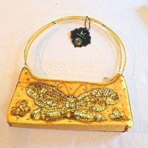 Jns Vintage Gold Satin Sequin Butterfly Bag Zipper Handle Retro 50's Purse
